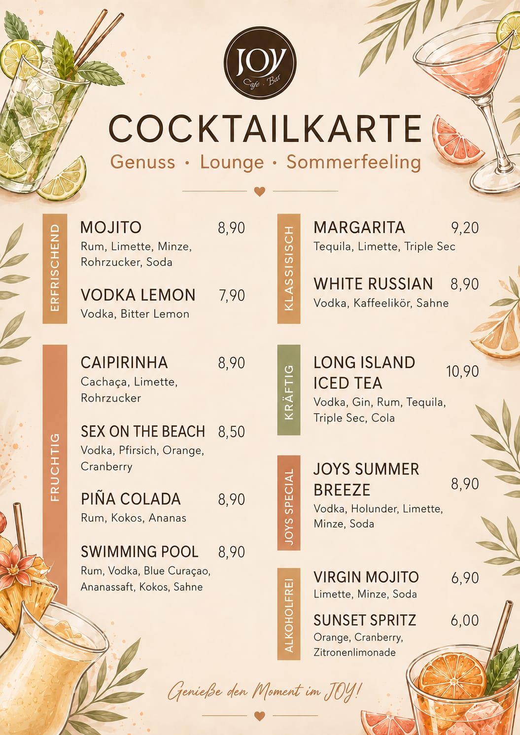 JOY Cocktailkarte mit Mojito, Caipirinha, Margarita, Long Island Iced Tea und alkoholfreien Drinks