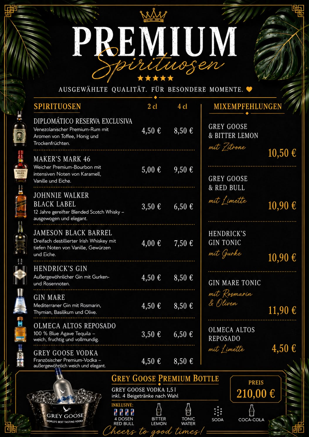 JOY Premium Spirituosen mit Mixempfehlungen und Grey Goose Premium Bottle