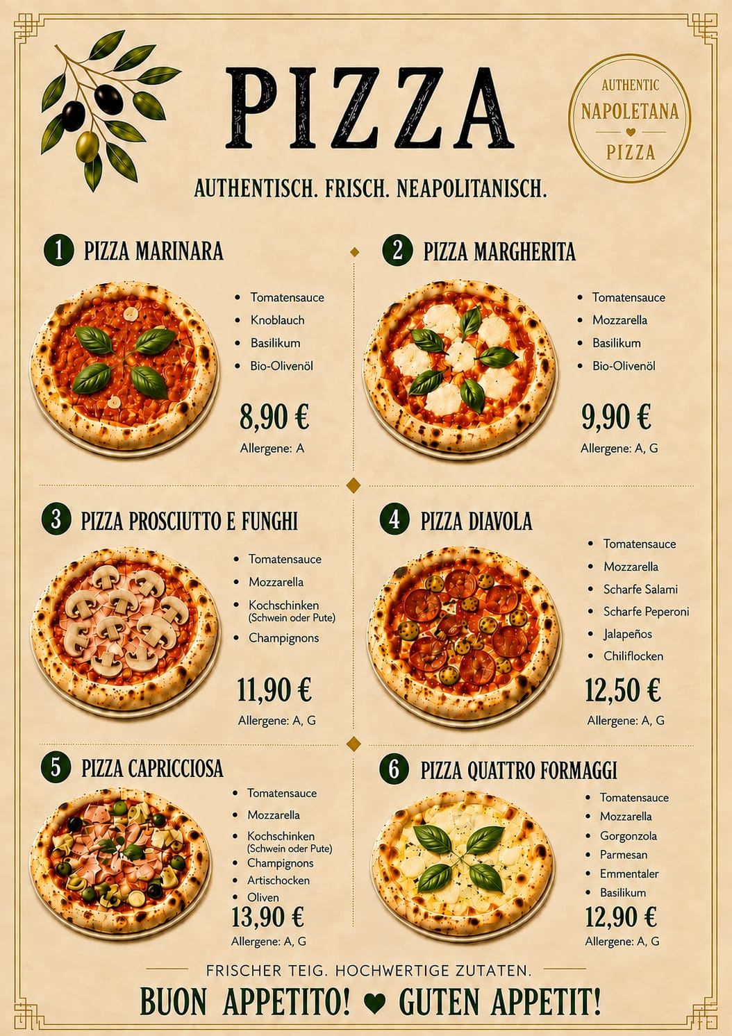 JOY Pizza-Karte Seite 1: Marinara, Margherita, Prosciutto e Funghi, Diavola, Capricciosa, Quattro Formaggi