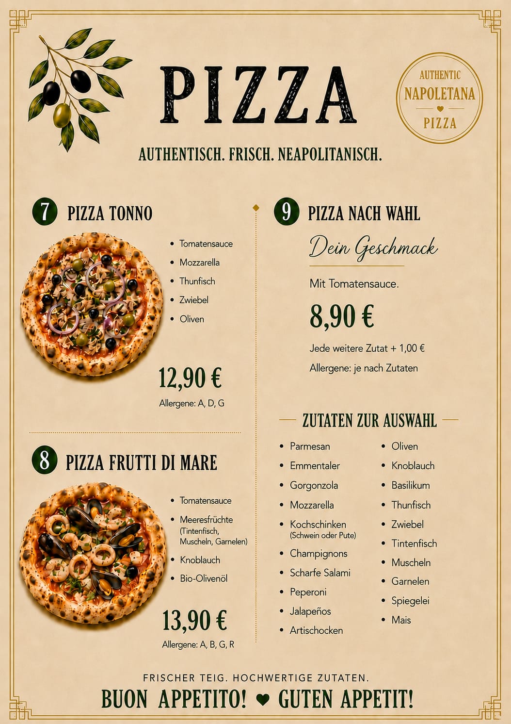 JOY Pizza-Karte Seite 2: Tonno, Frutti di Mare, Pizza nach Wahl mit Zutaten zur Auswahl