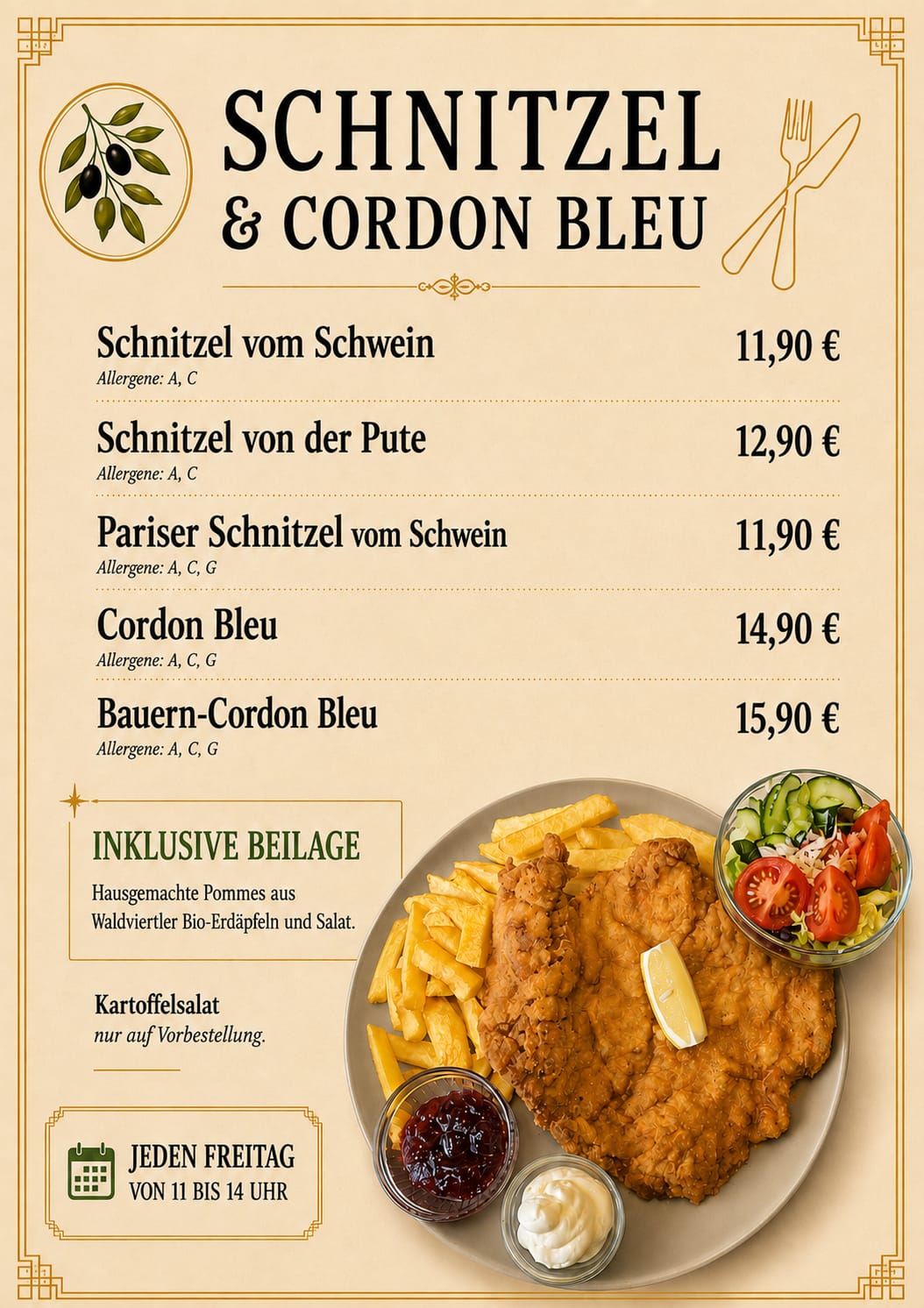JOY Karte Schnitzel und Cordon Bleu mit Preisen und Allergenen