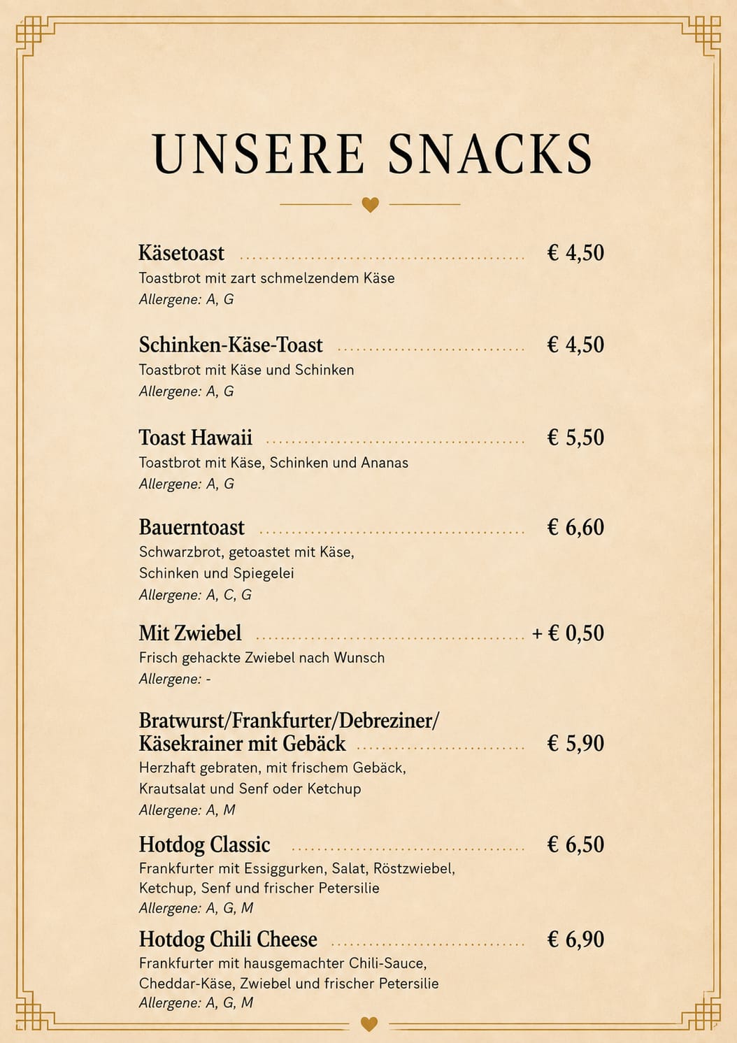JOY Snack-Karte mit Toasts, Würsteln und Hotdogs